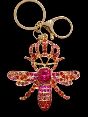 Gold and Pink Rhinestone Bee Bag Charm Keychain